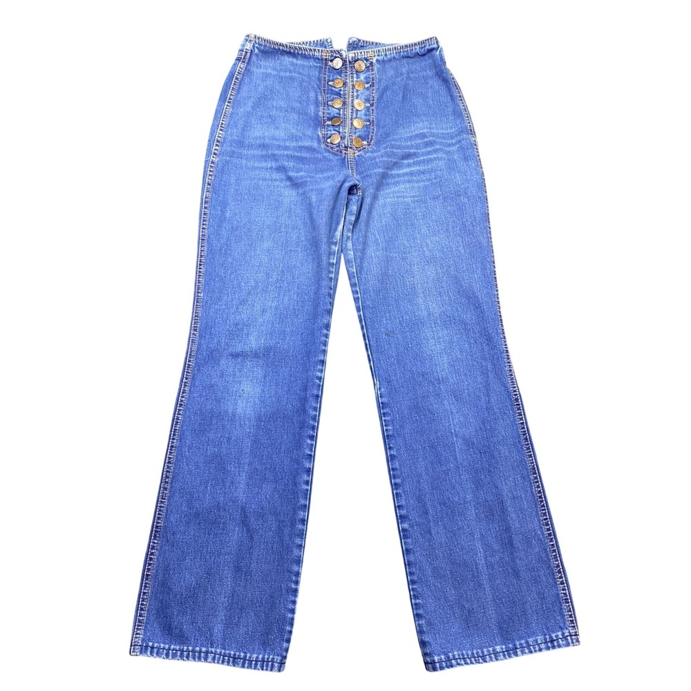 VTG 70s Rag City Blues High Waist Sailor Button Fly Flare Jeans Blue Size 30